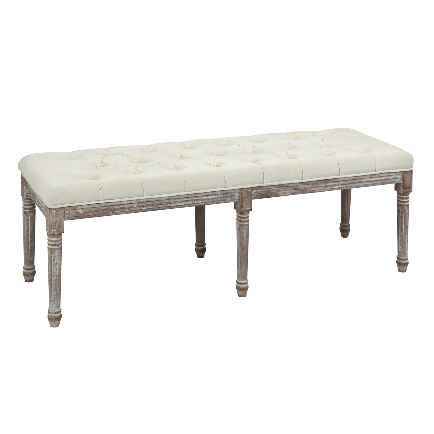 Beige vintage upholstered bench, velvet smooth, 142x47x51 Cm