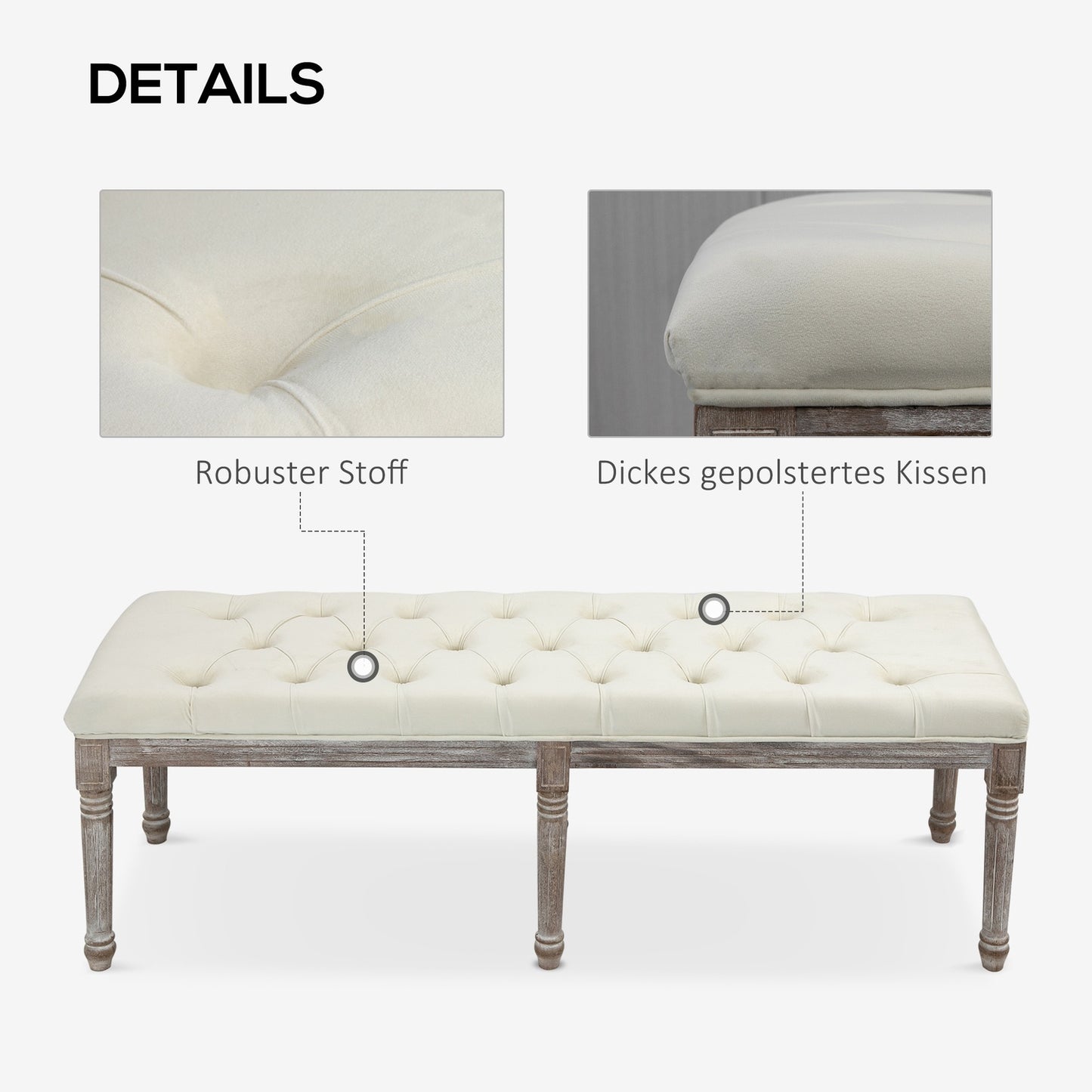 Beige vintage upholstered bench, velvet smooth, 142x47x51 Cm
