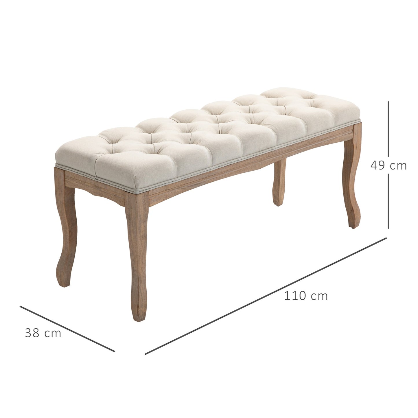 Beige upholstered rubber wood bench - vintage style, 110x40x48Cm