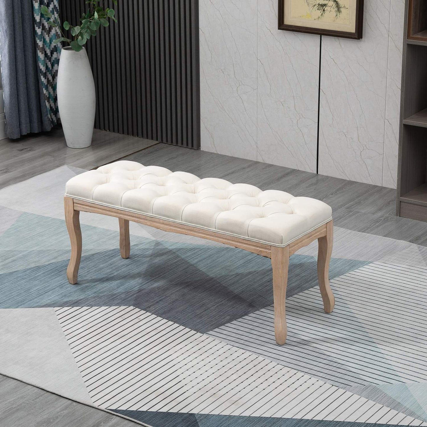 Beige upholstered rubber wood bench - vintage style, 110x40x48Cm