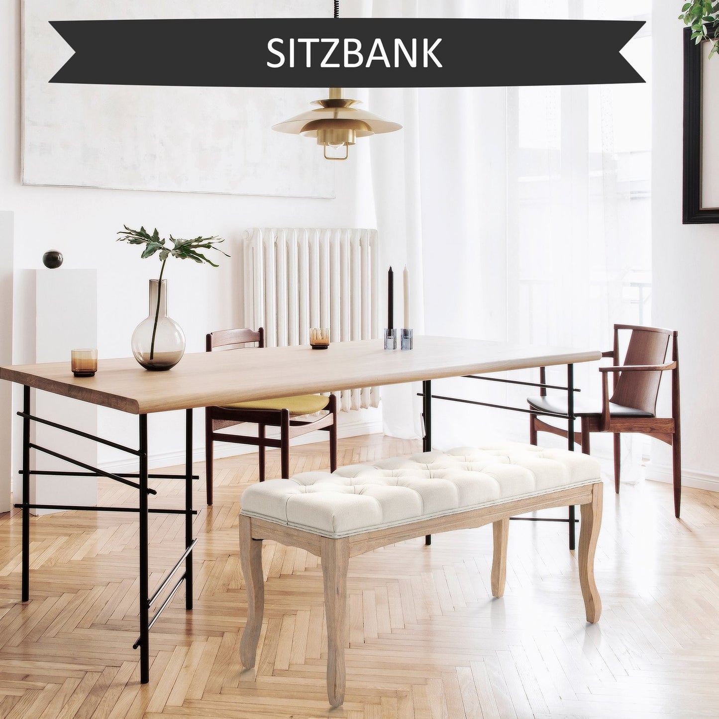 Beige upholstered rubber wood bench - vintage style, 110x40x48Cm