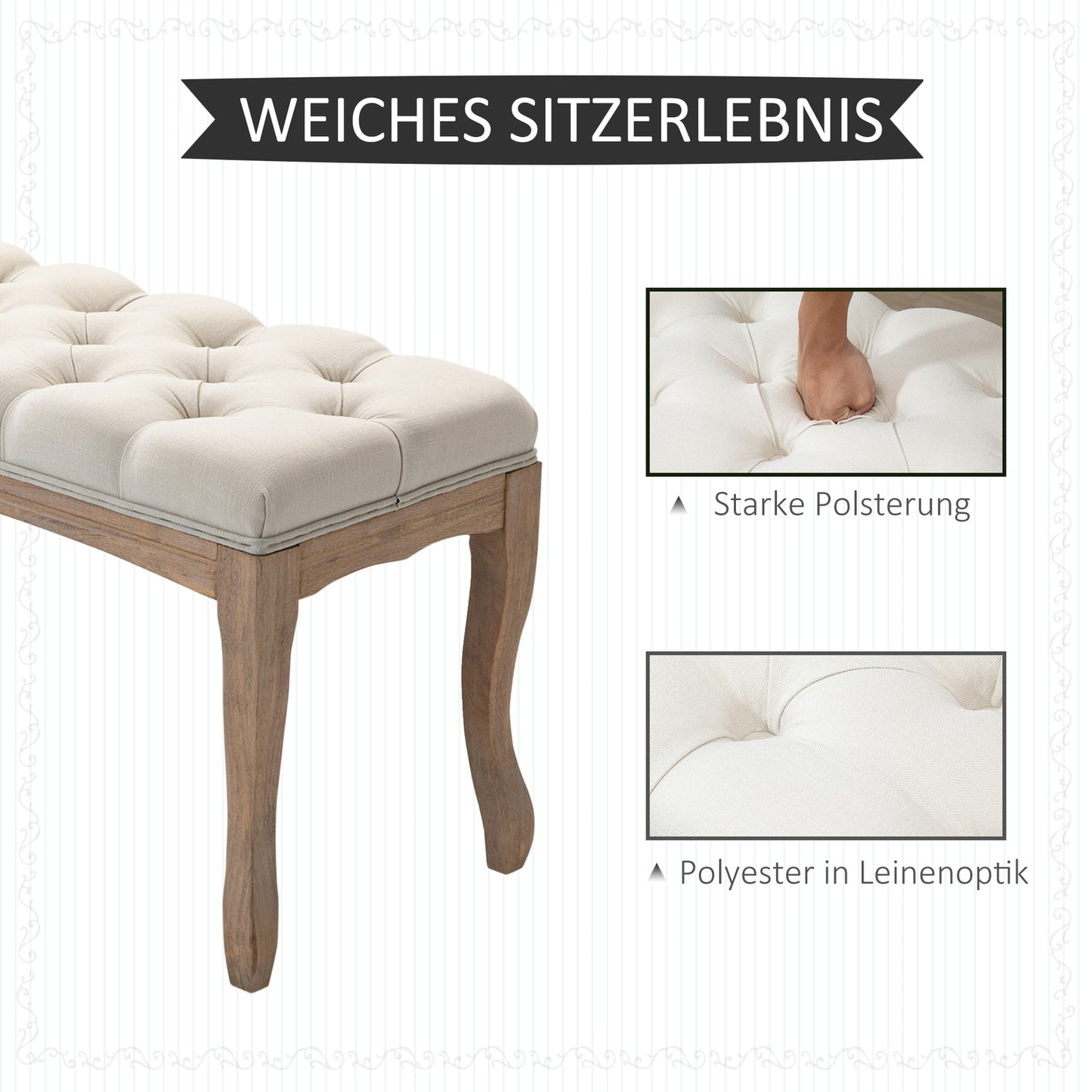 Beige upholstered rubber wood bench - vintage style, 110x40x48Cm