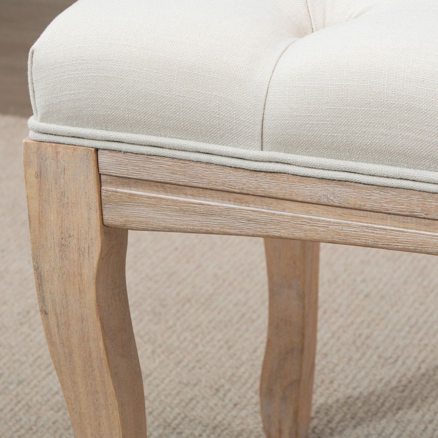 Beige upholstered rubber wood bench - vintage style, 110x40x48Cm