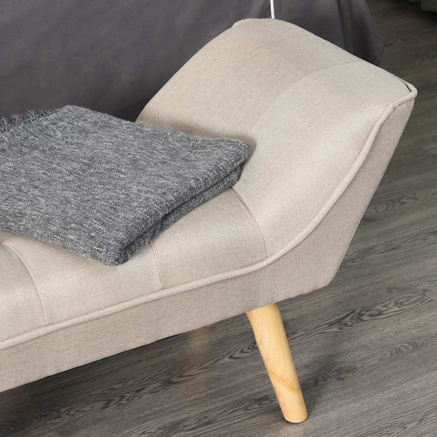 Upholstered bench in retro style, linen cover, wooden legs