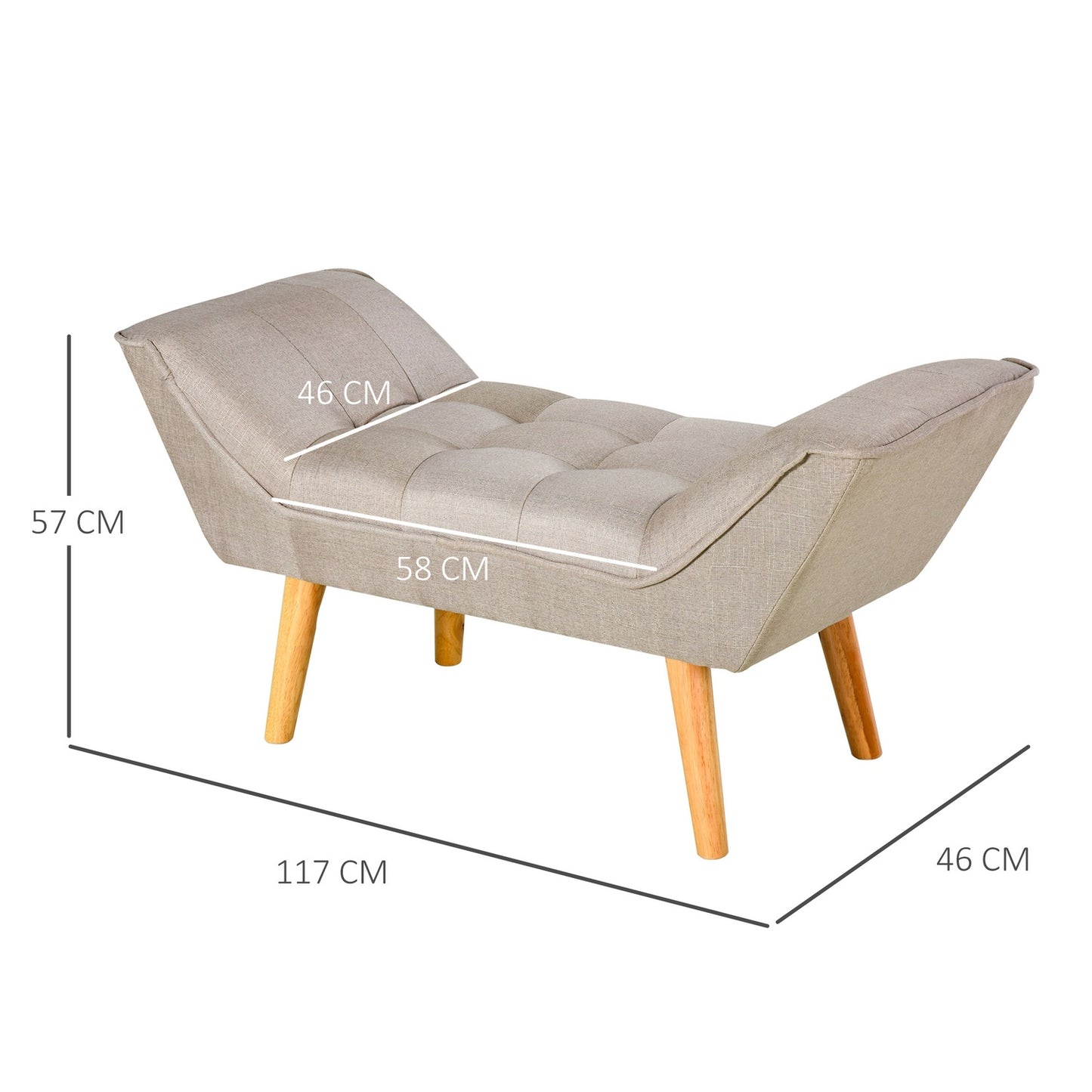 Upholstered bench in retro style, linen cover, wooden legs