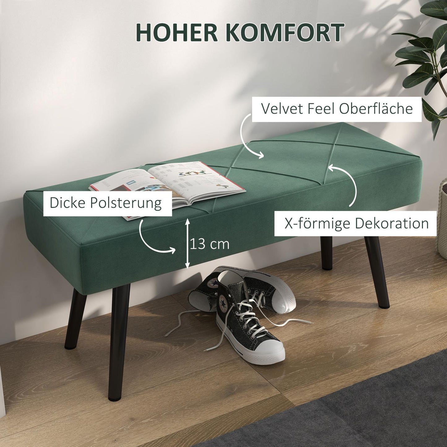 Velvet-covered bench, X-pattern, 100x36x45 cm, green
