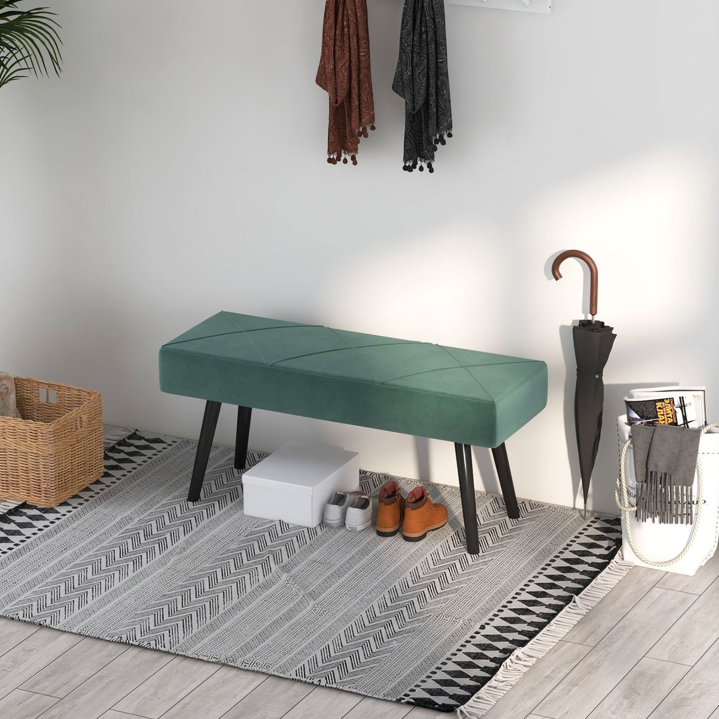 Velvet-covered bench, X-pattern, 100x36x45 cm, green