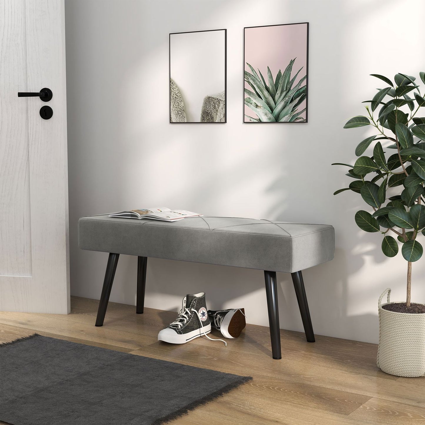 Velvet covered bench - grey, 100x36x45 cm, 120 kg capacity