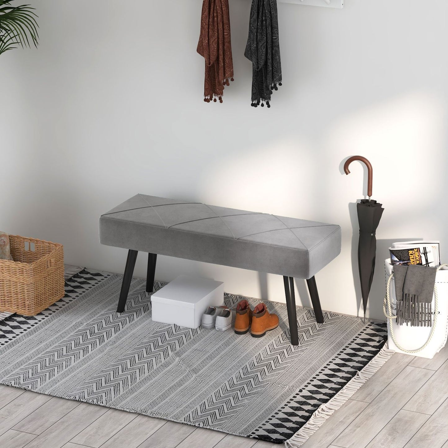 Velvet covered bench - grey, 100x36x45 cm, 120 kg capacity