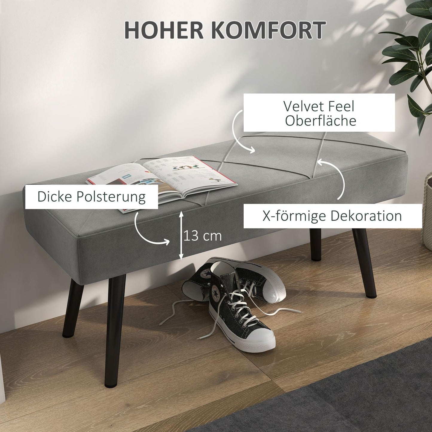 Velvet covered bench - grey, 100x36x45 cm, 120 kg capacity