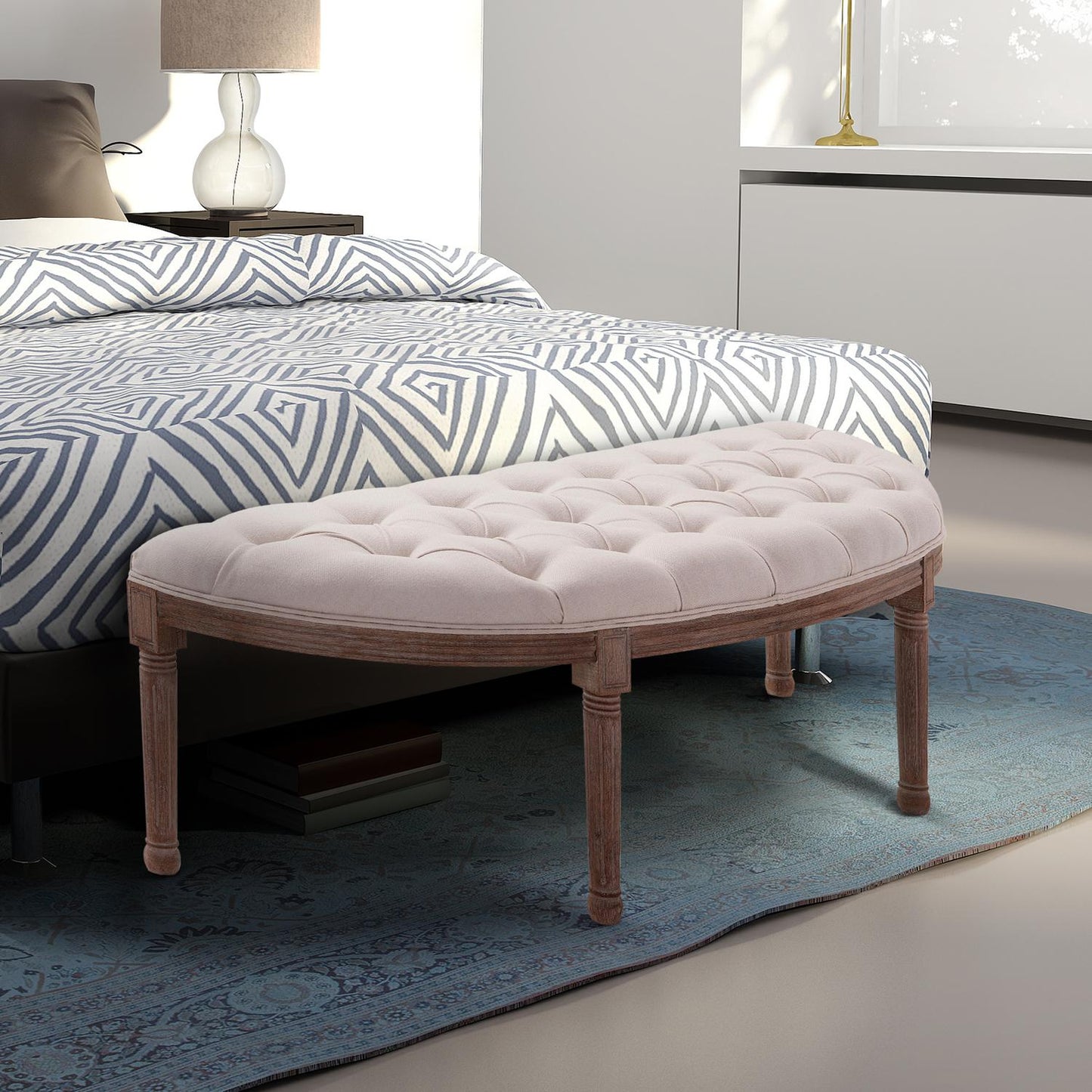 Vintage beige upholstered bench, linen & wood, 140.5 cm