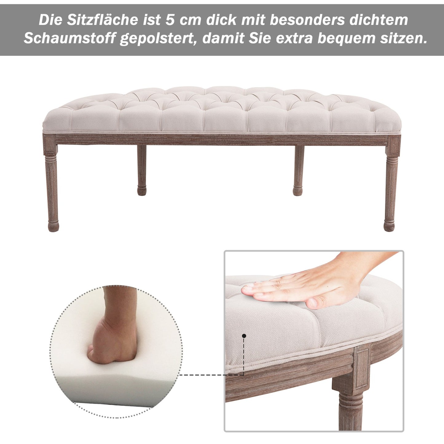 Vintage beige upholstered bench, linen & wood, 140.5 cm