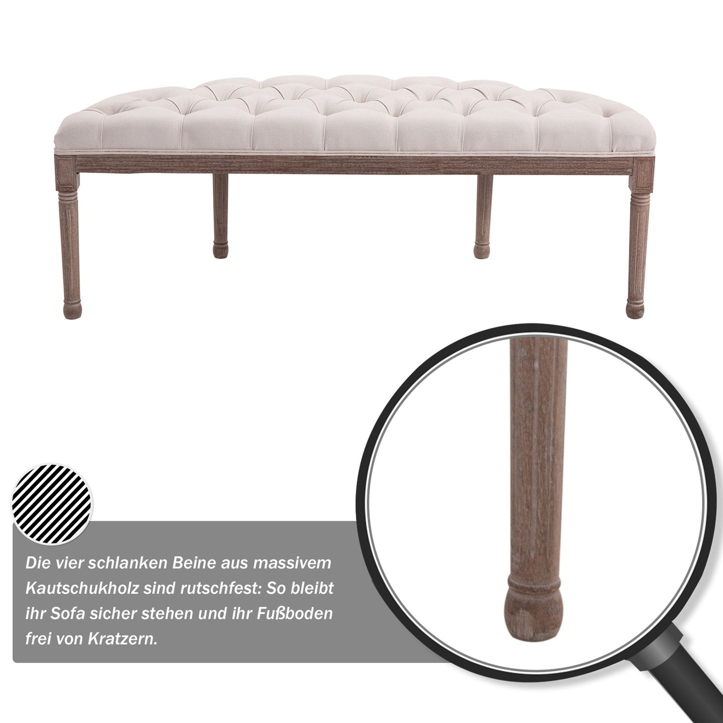 Vintage beige upholstered bench, linen & wood, 140.5 cm