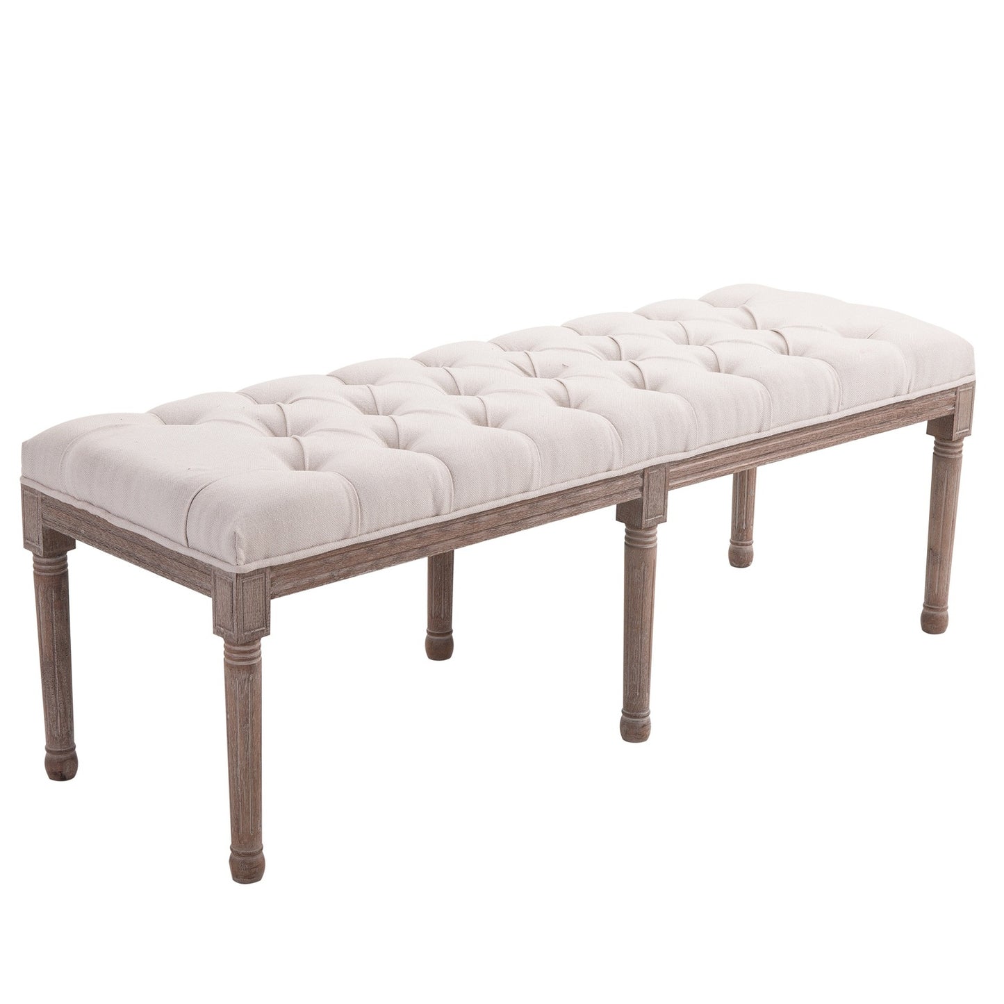 Vintage beige upholstered bench, linen & wood, 142cm
