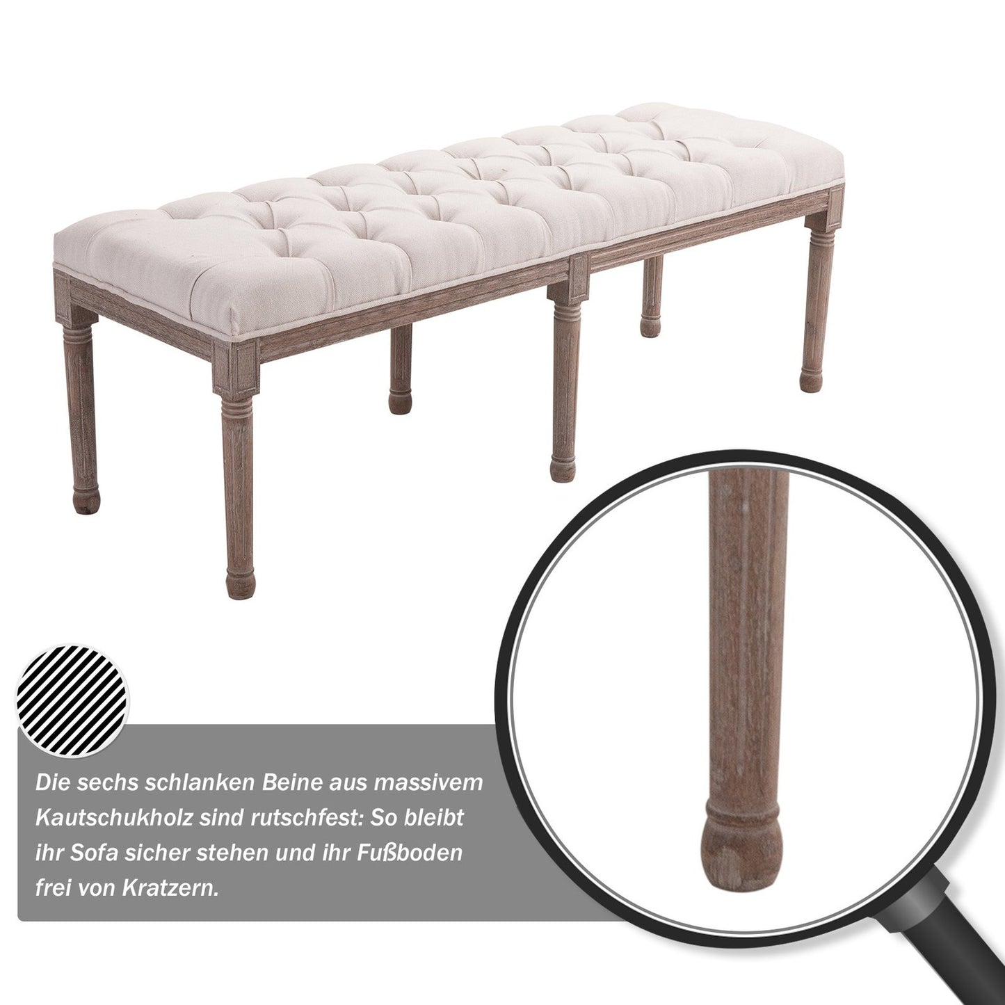 Vintage beige upholstered bench, linen & wood, 142cm