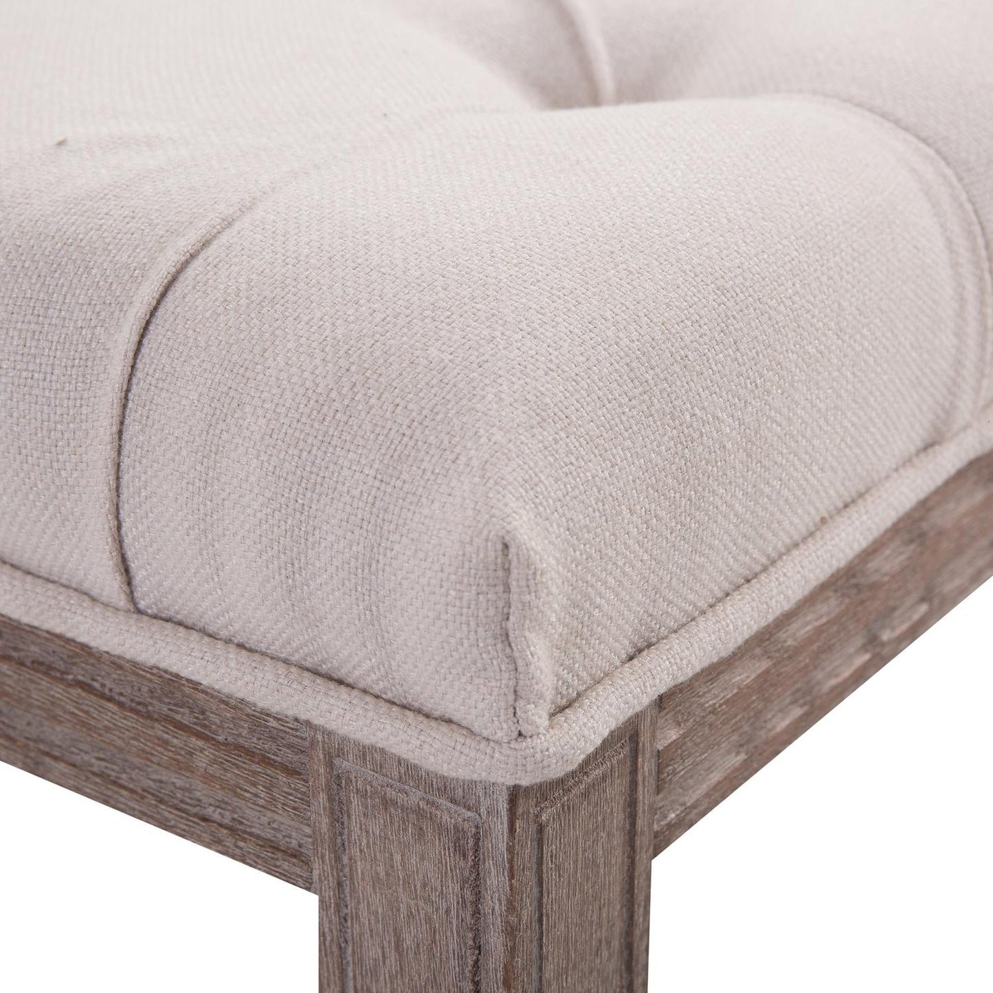 Vintage beige upholstered bench, linen & wood, 142cm