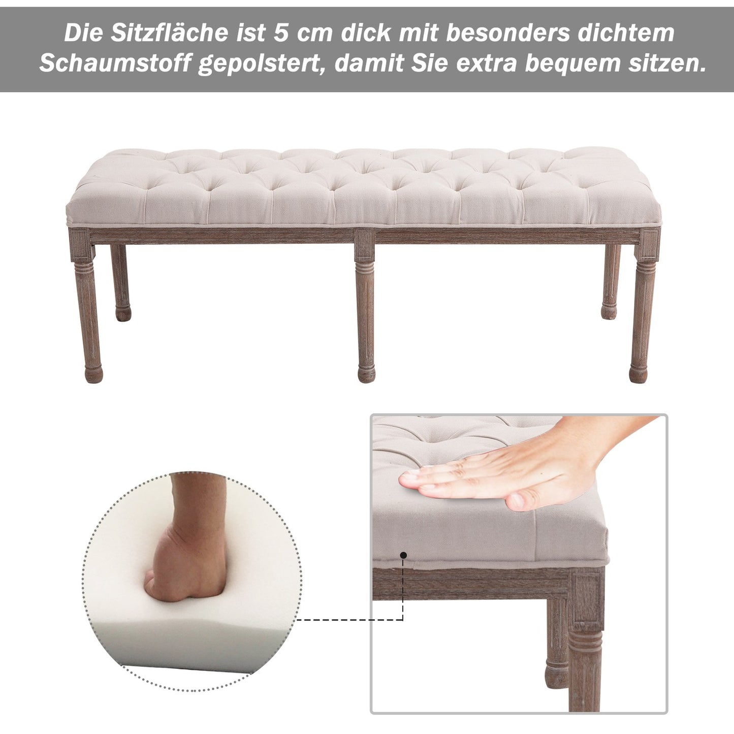 Vintage beige upholstered bench, linen & wood, 142cm