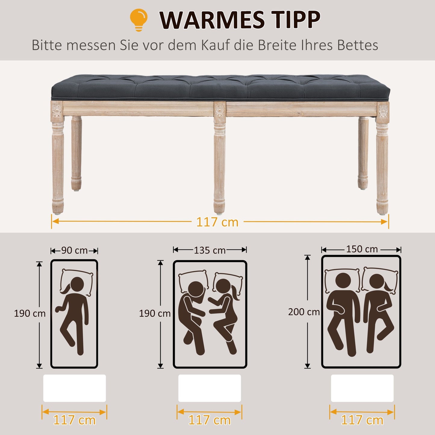 Upholstered dark gray bedroom bench, 120 kg capacity