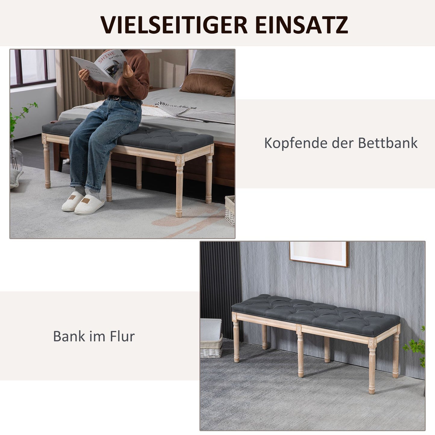 Upholstered dark gray bedroom bench, 120 kg capacity