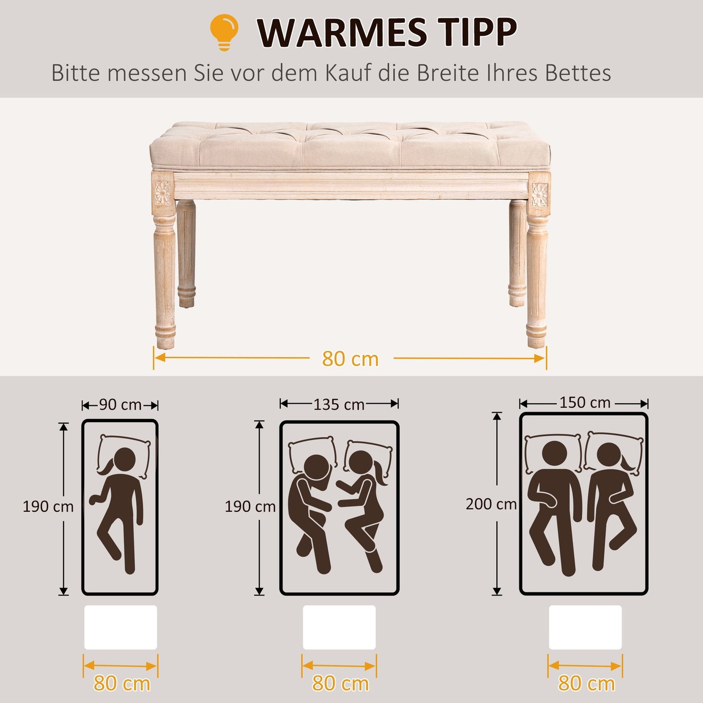 Upholstered vintage bench, linen beige, 120 kg capacity