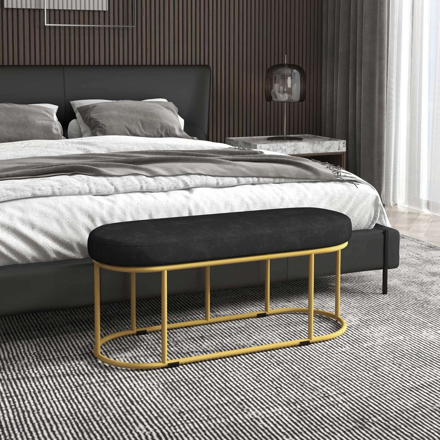 Upholstered bench in velvet look, steel, capacity 200 kg, blue