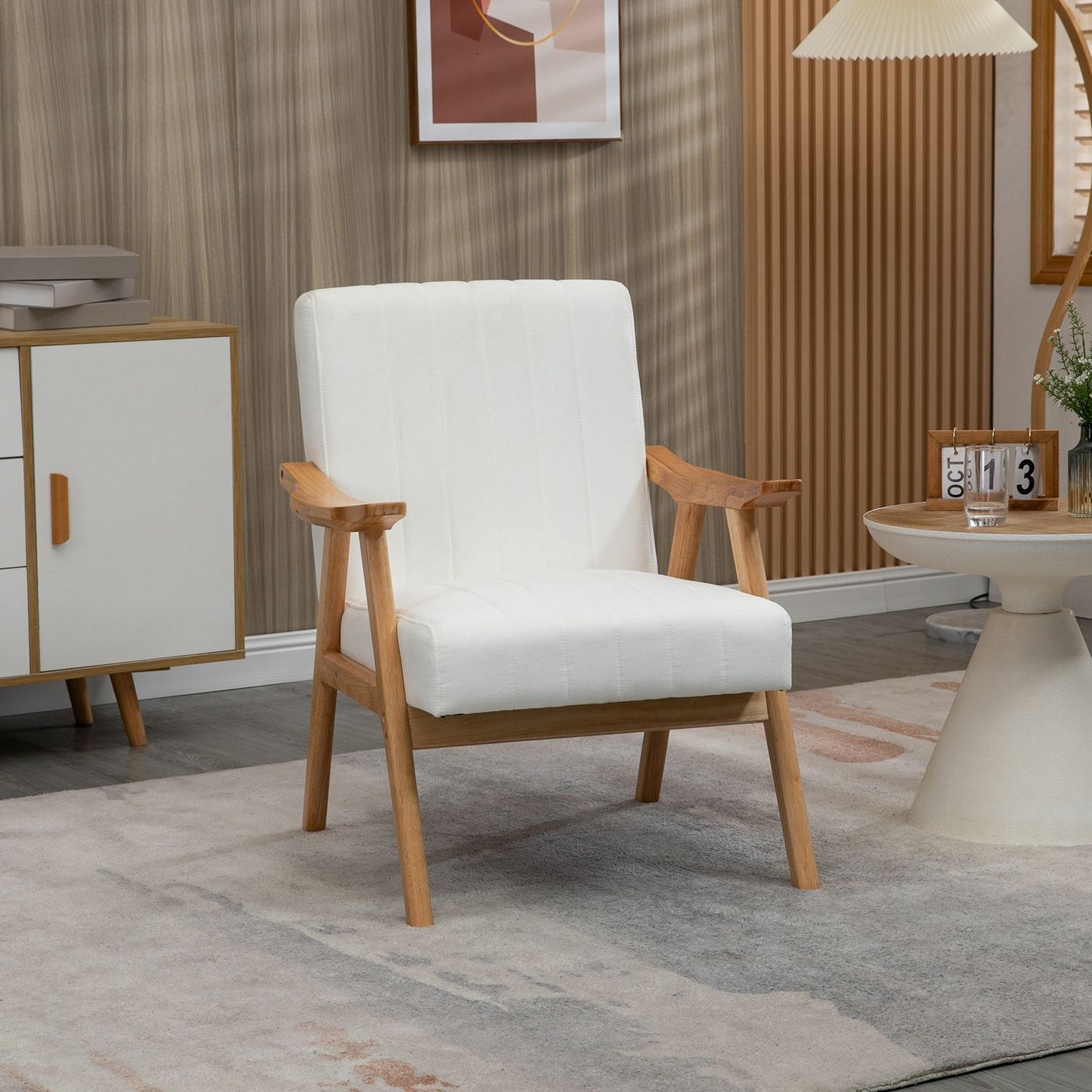 Scandi upholstered lounge chair in velvet look with armrests