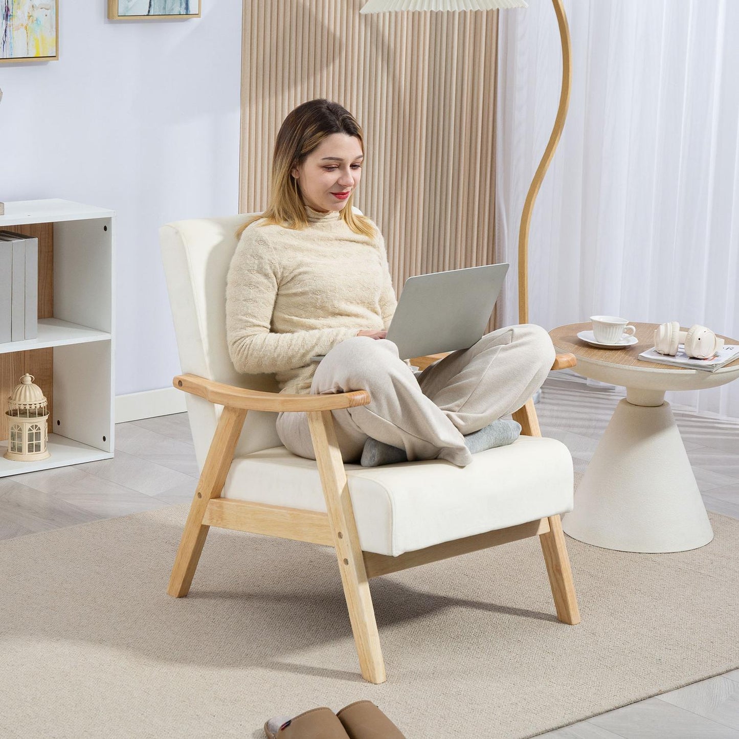 Upholstered armchair, foam filling, rubberwood frame, cream white