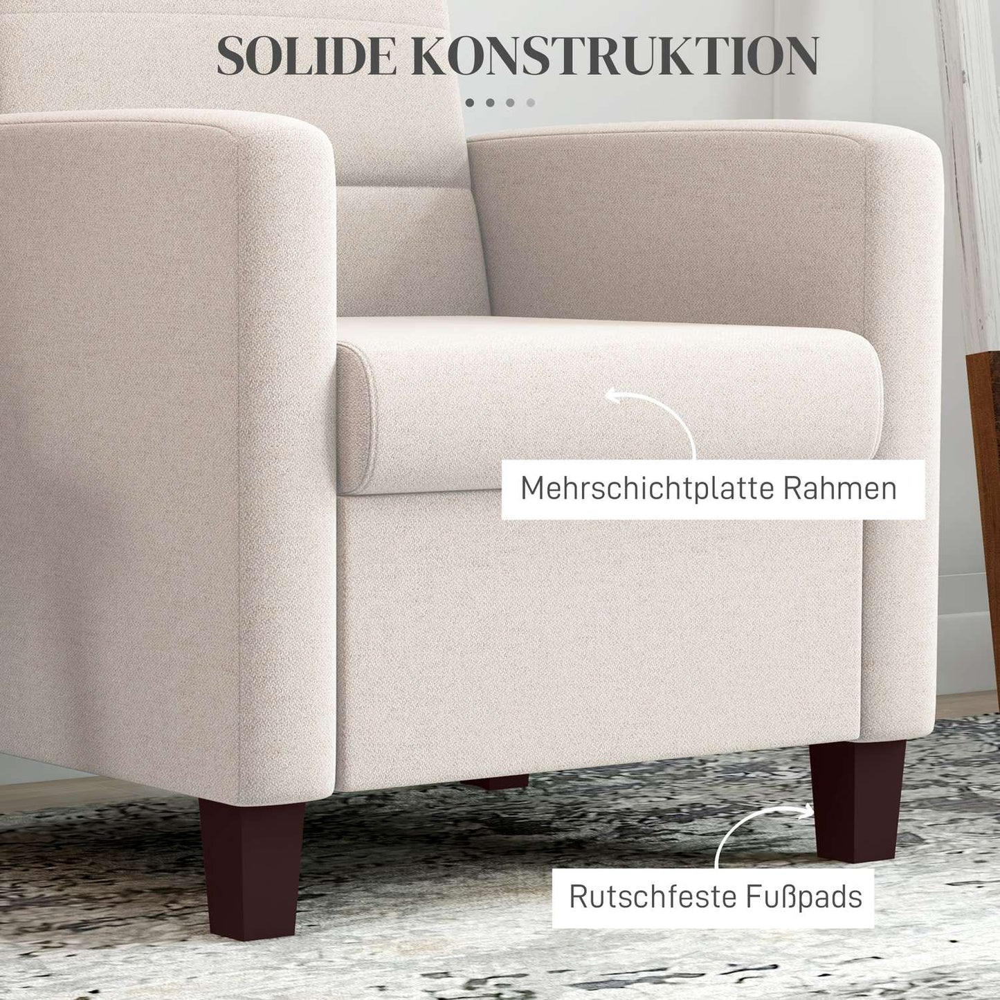 Upholstered armchair in linen look, foam, seat cushion, wooden frame, cream white