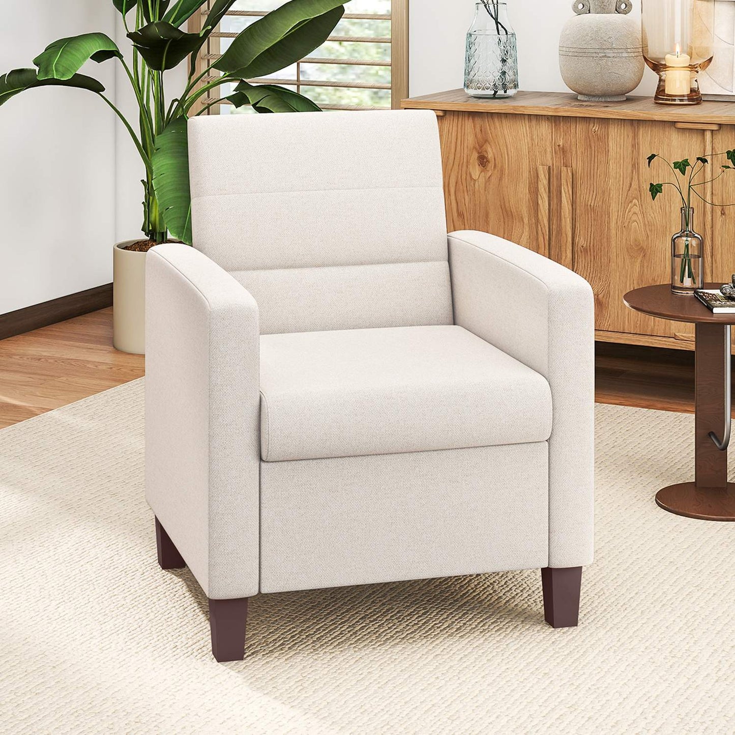 Upholstered armchair in linen look, foam, seat cushion, wooden frame, cream white