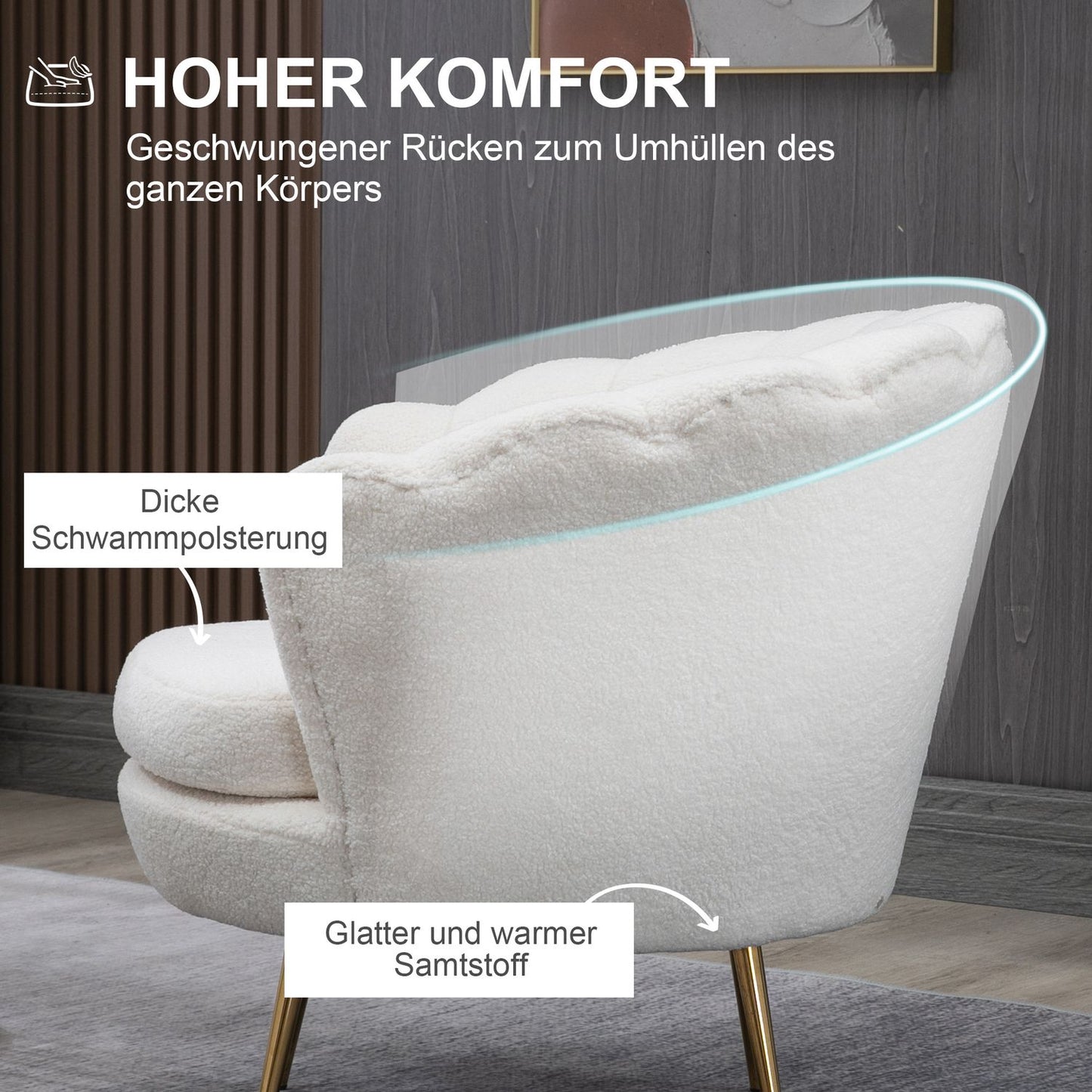 White shell upholstered armchair with metal legs