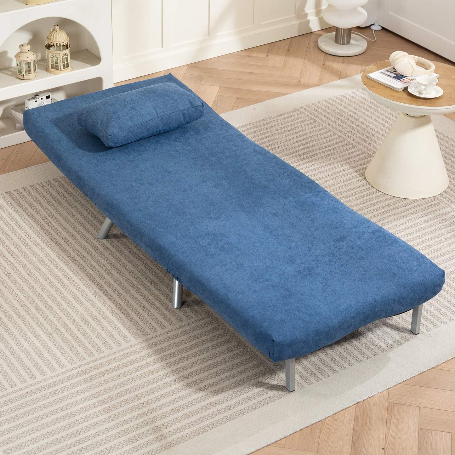 Sleeper Armchair with Bed Function, Blue Velvet Cover