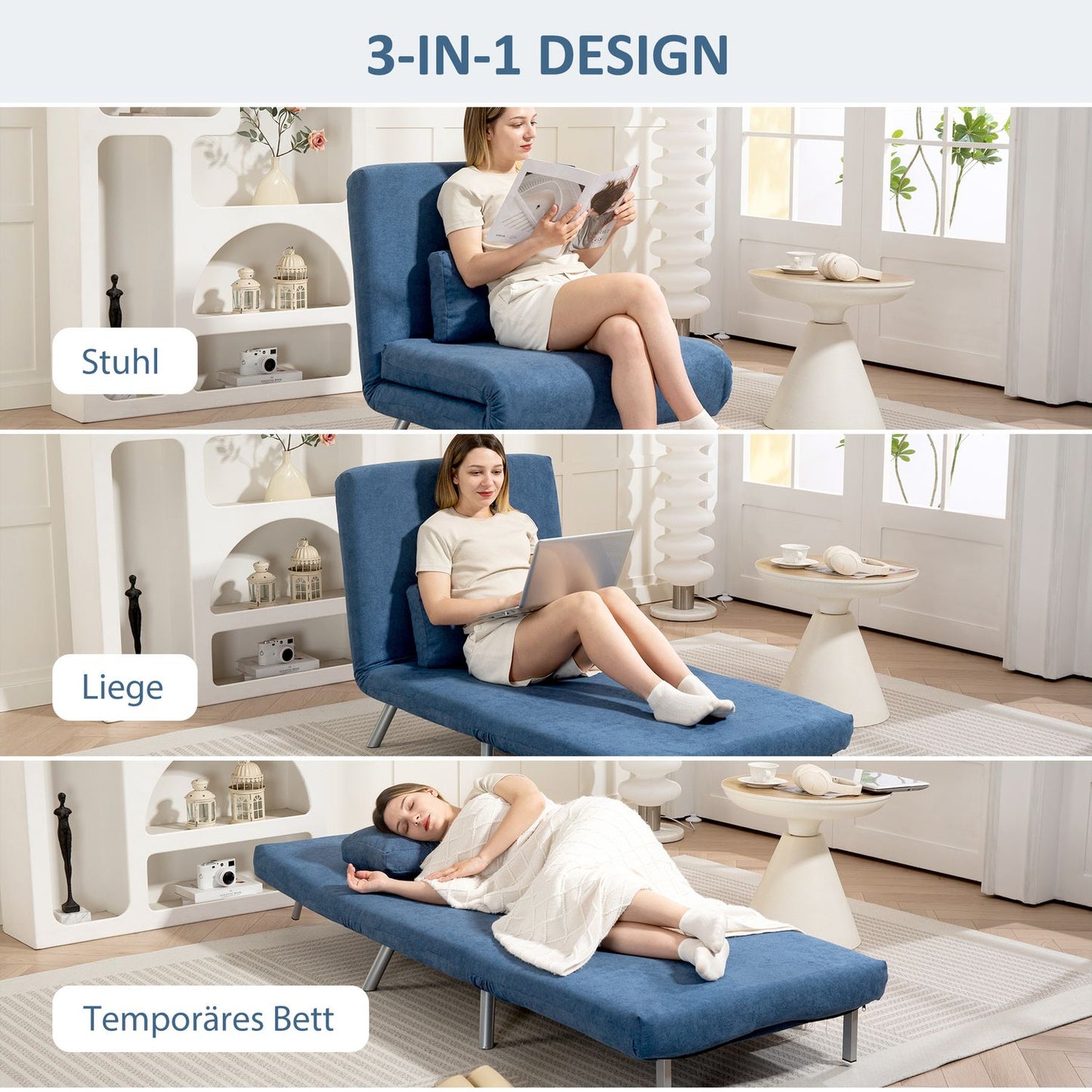Sleeper Armchair with Bed Function, Blue Velvet Cover