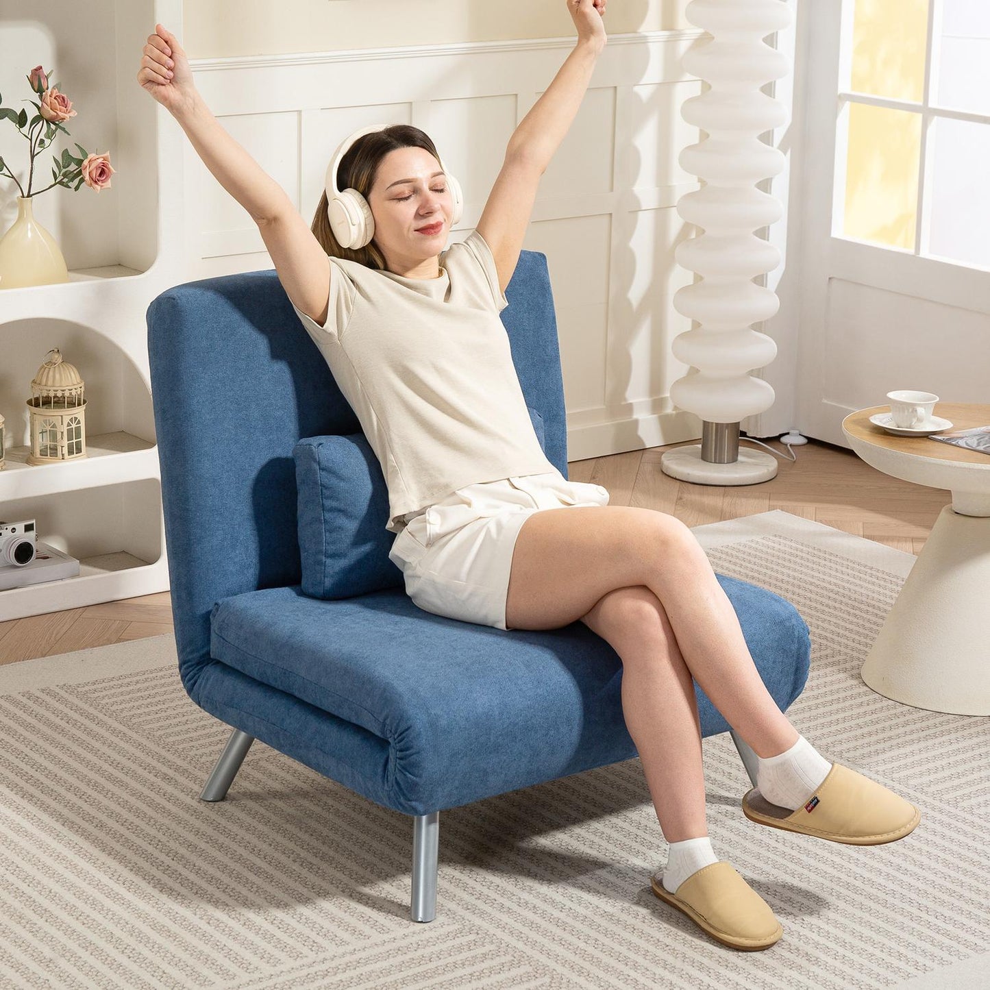 Sleeper Armchair with Bed Function, Blue Velvet Cover