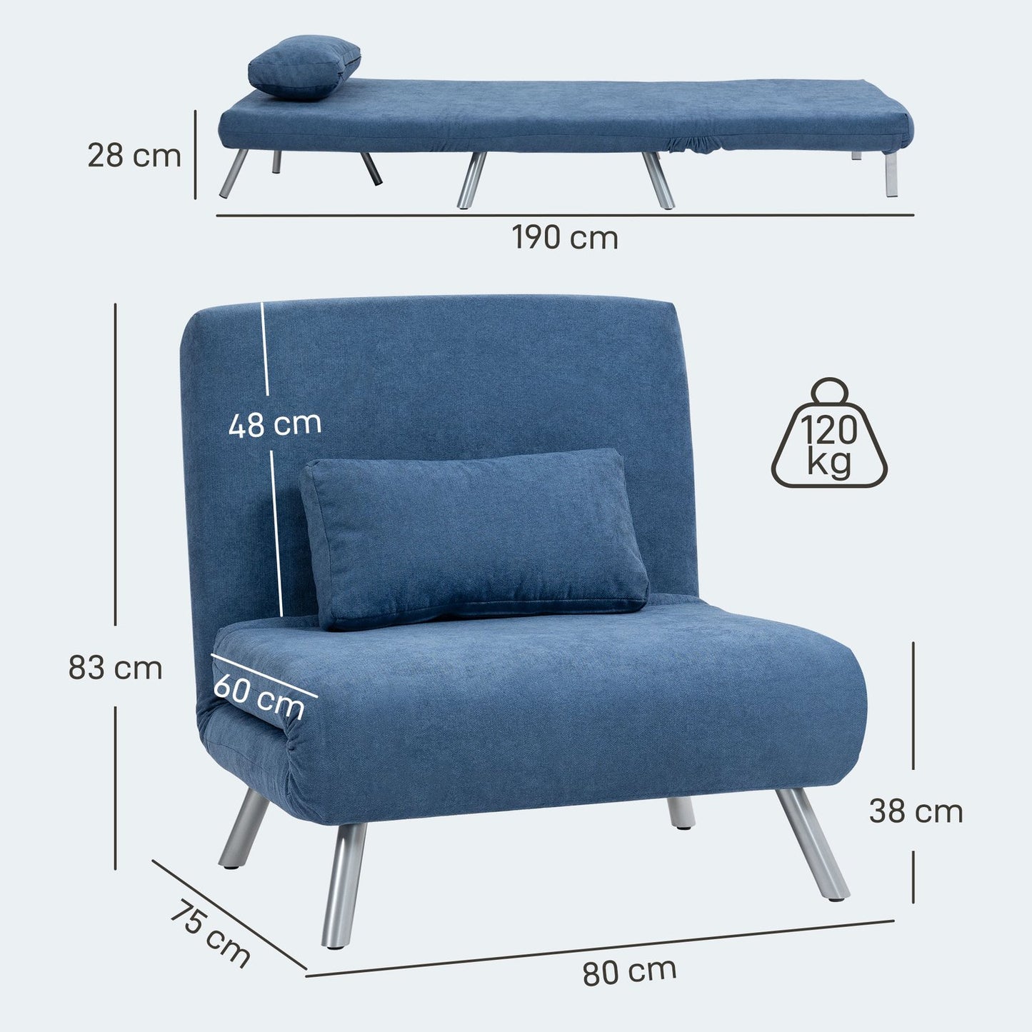 Sleeper Armchair with Bed Function, Blue Velvet Cover