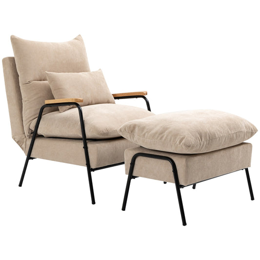 Upholstered armchair with footstool, reclining armchair with reclining function, upholstered chair, cushion, TV armchair, 68 x 91.5 x 88 cm, beige