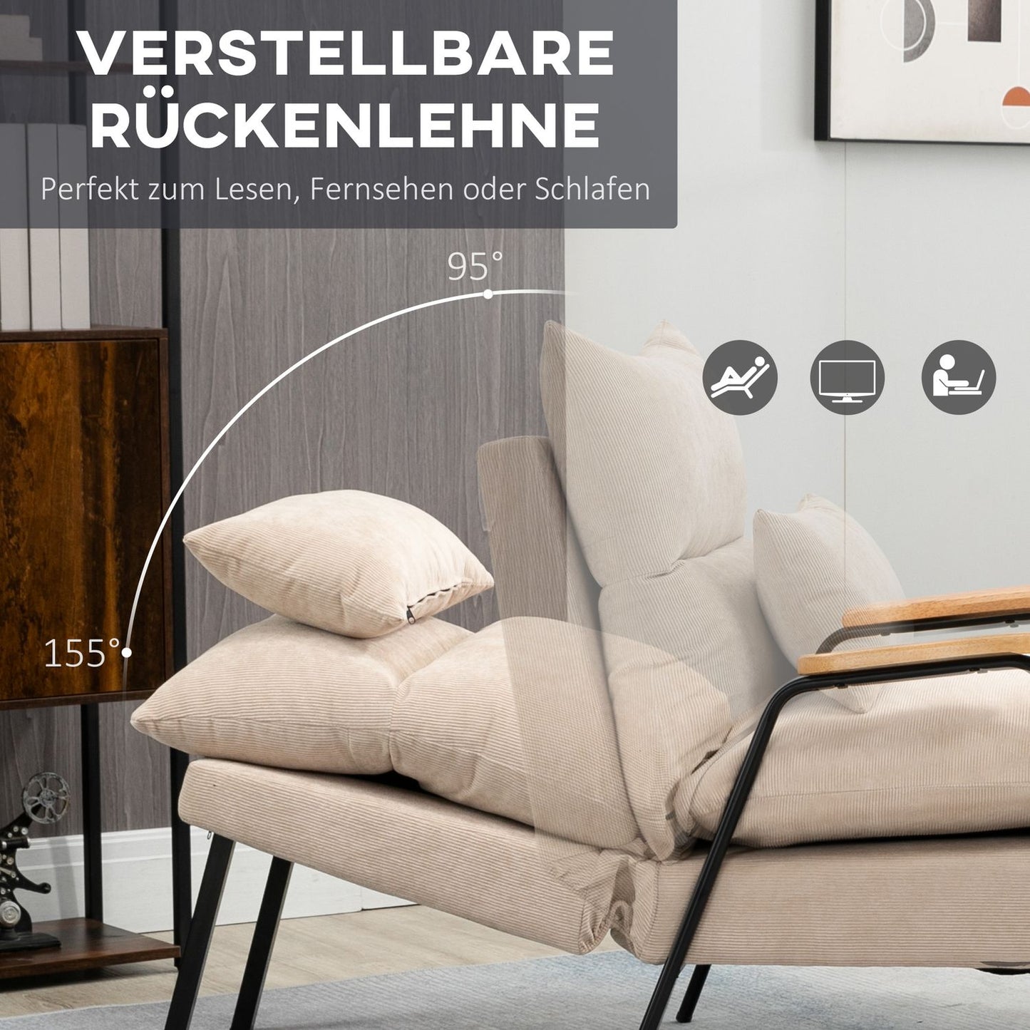 Upholstered armchair with footstool, reclining armchair with reclining function, upholstered chair, cushion, TV armchair, 68 x 91.5 x 88 cm, beige