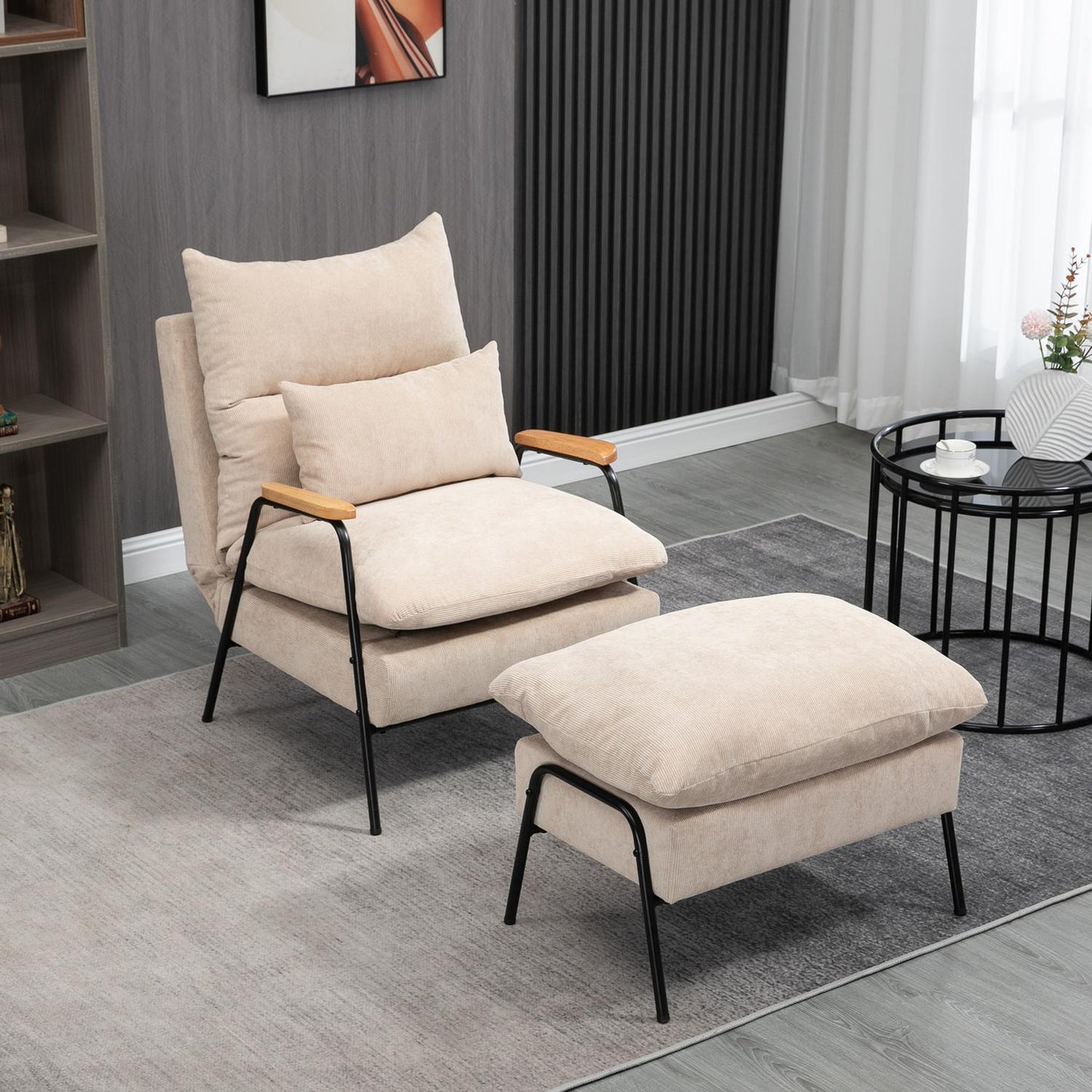 Upholstered armchair with footstool, reclining armchair with reclining function, upholstered chair, cushion, TV armchair, 68 x 91.5 x 88 cm, beige