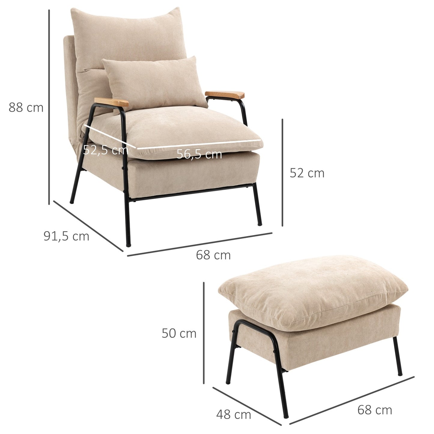 Upholstered armchair with footstool, reclining armchair with reclining function, upholstered chair, cushion, TV armchair, 68 x 91.5 x 88 cm, beige