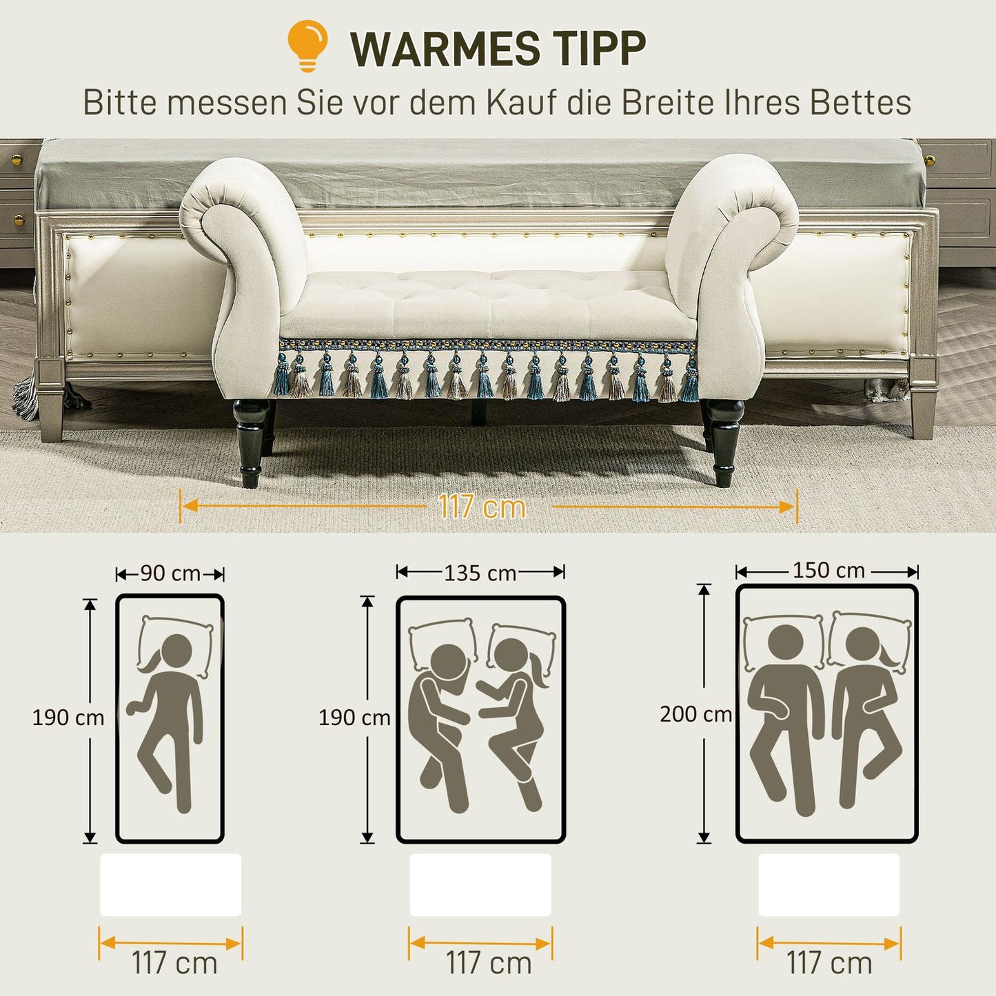 Beige velvet upholstered bench with storage and armrests