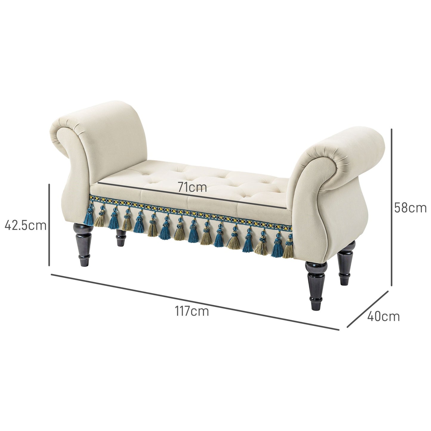 Beige velvet upholstered bench with storage and armrests