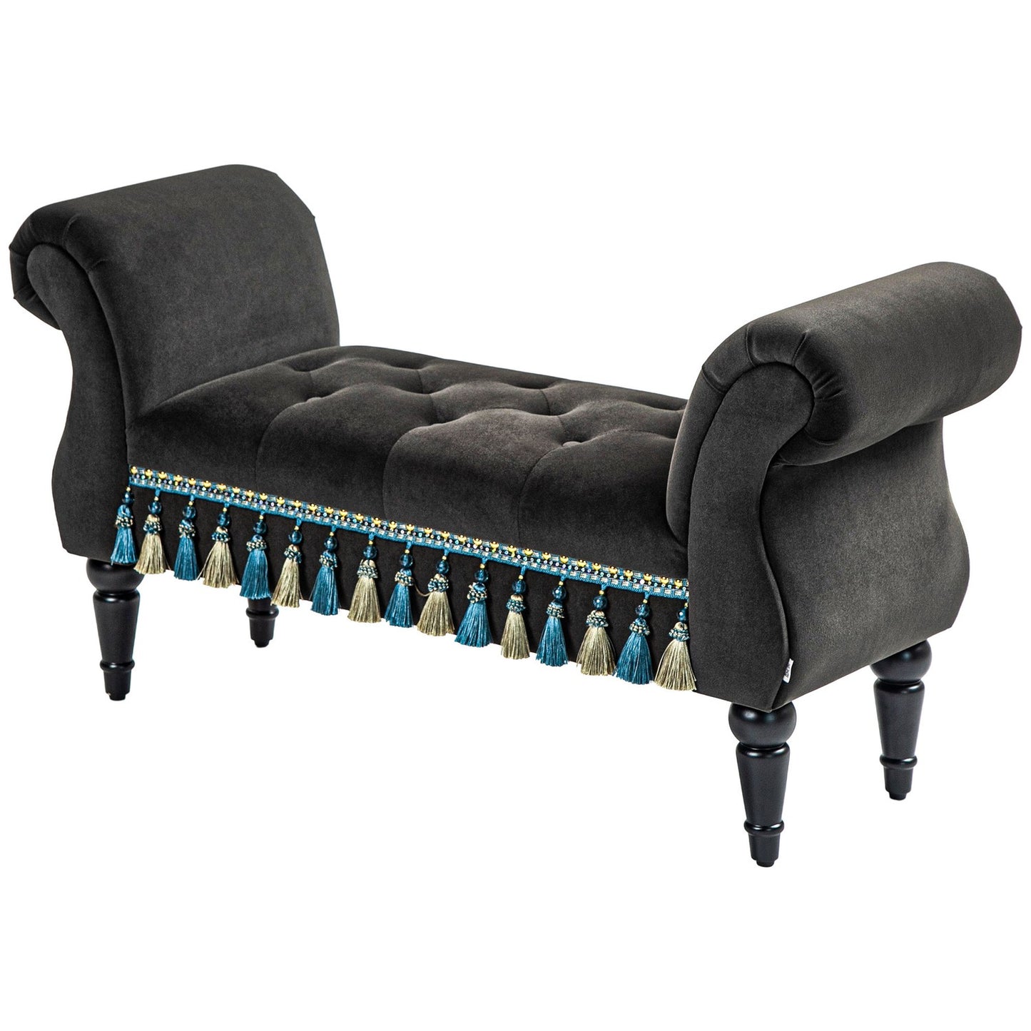 Velvet covered bench with storage, vintage design, dark grey