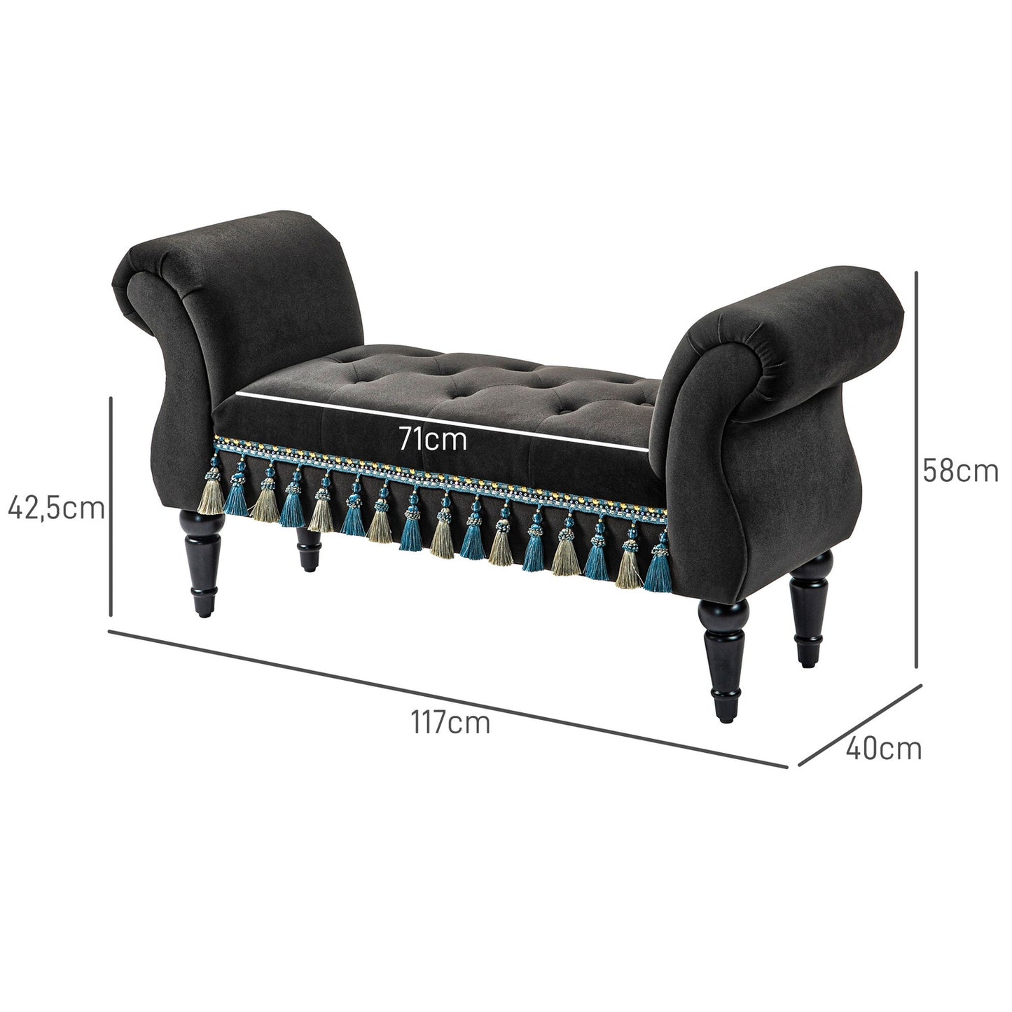 Velvet covered bench with storage, vintage design, dark grey