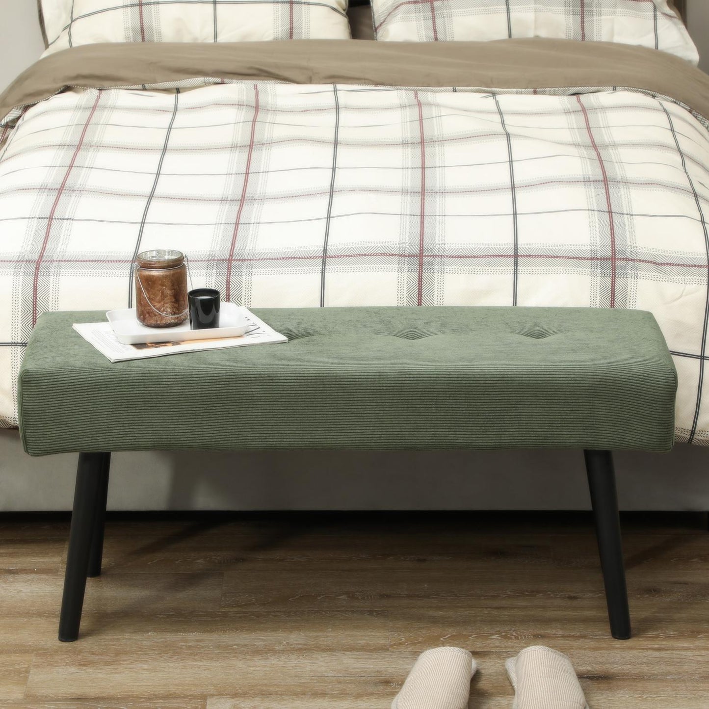 Upholstered bench with corduroy cover, bed bench with metal legs, shoe bench 100 x 36 x 45 cm Green