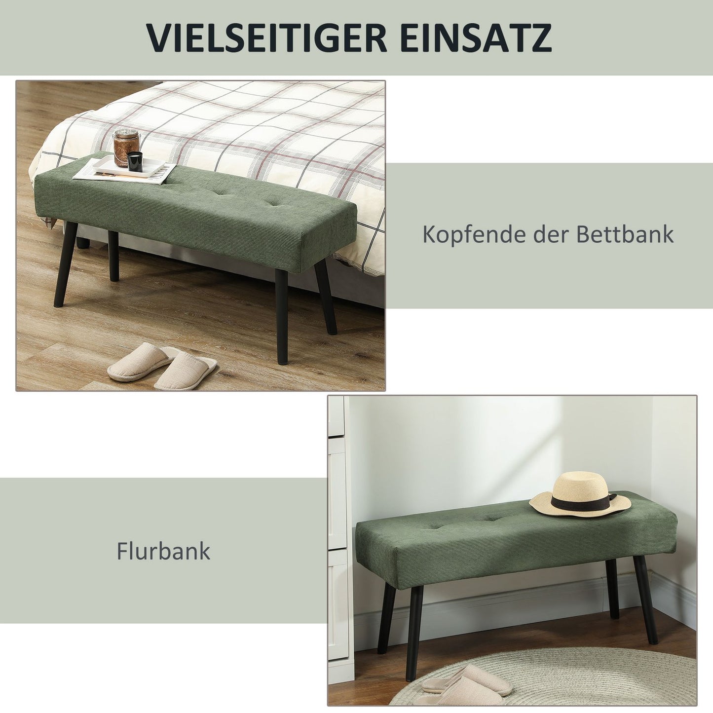 Upholstered bench with corduroy cover, bed bench with metal legs, shoe bench 100 x 36 x 45 cm Green