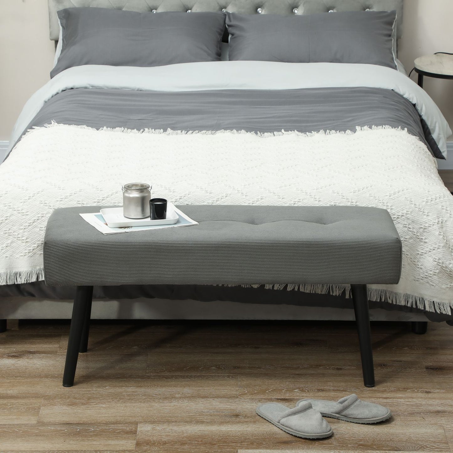 Corduroy Upholstered Bench, 100x36x45 cm, Grey