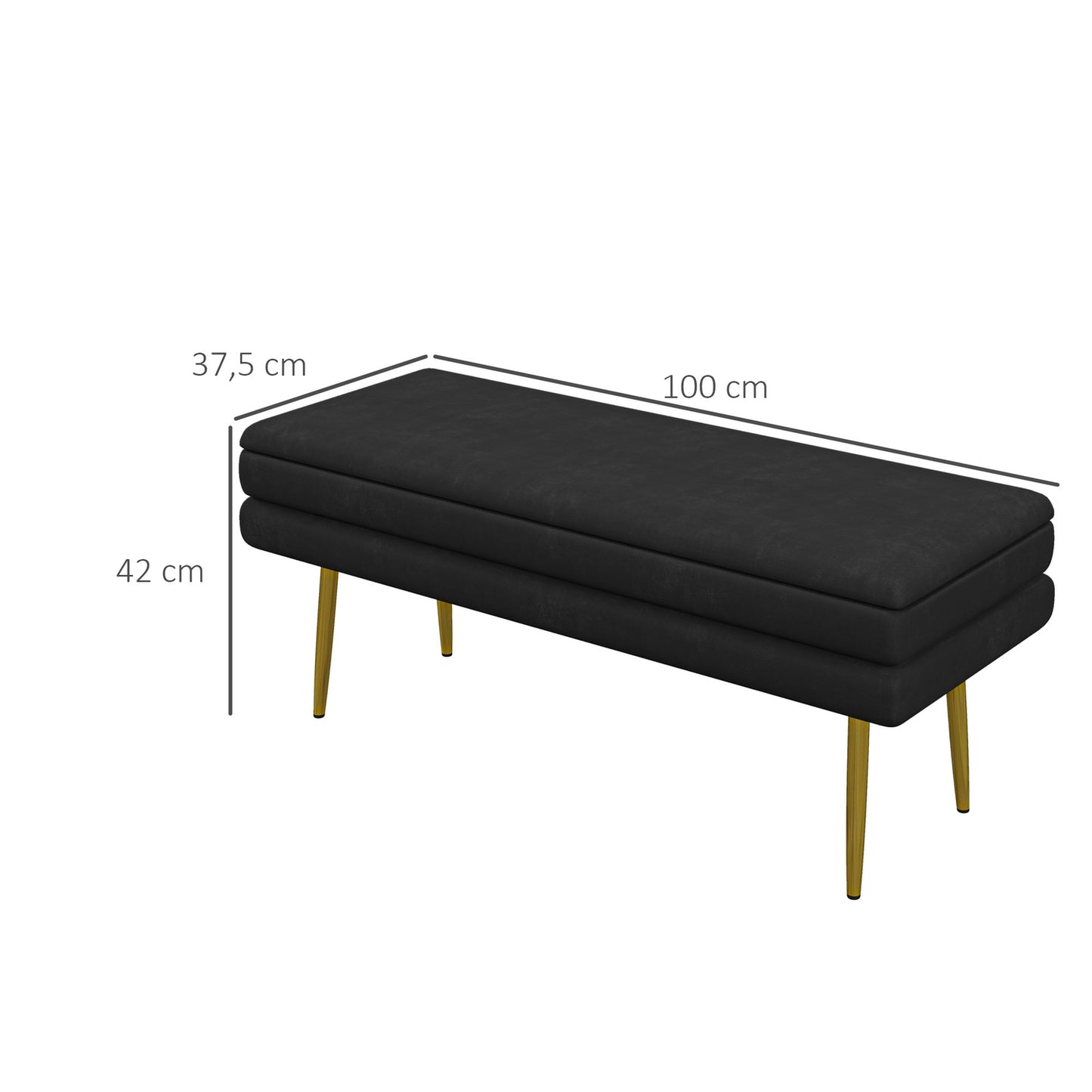 Black Upholstered Storage Bench, Steel, 100x37.5x42 cm