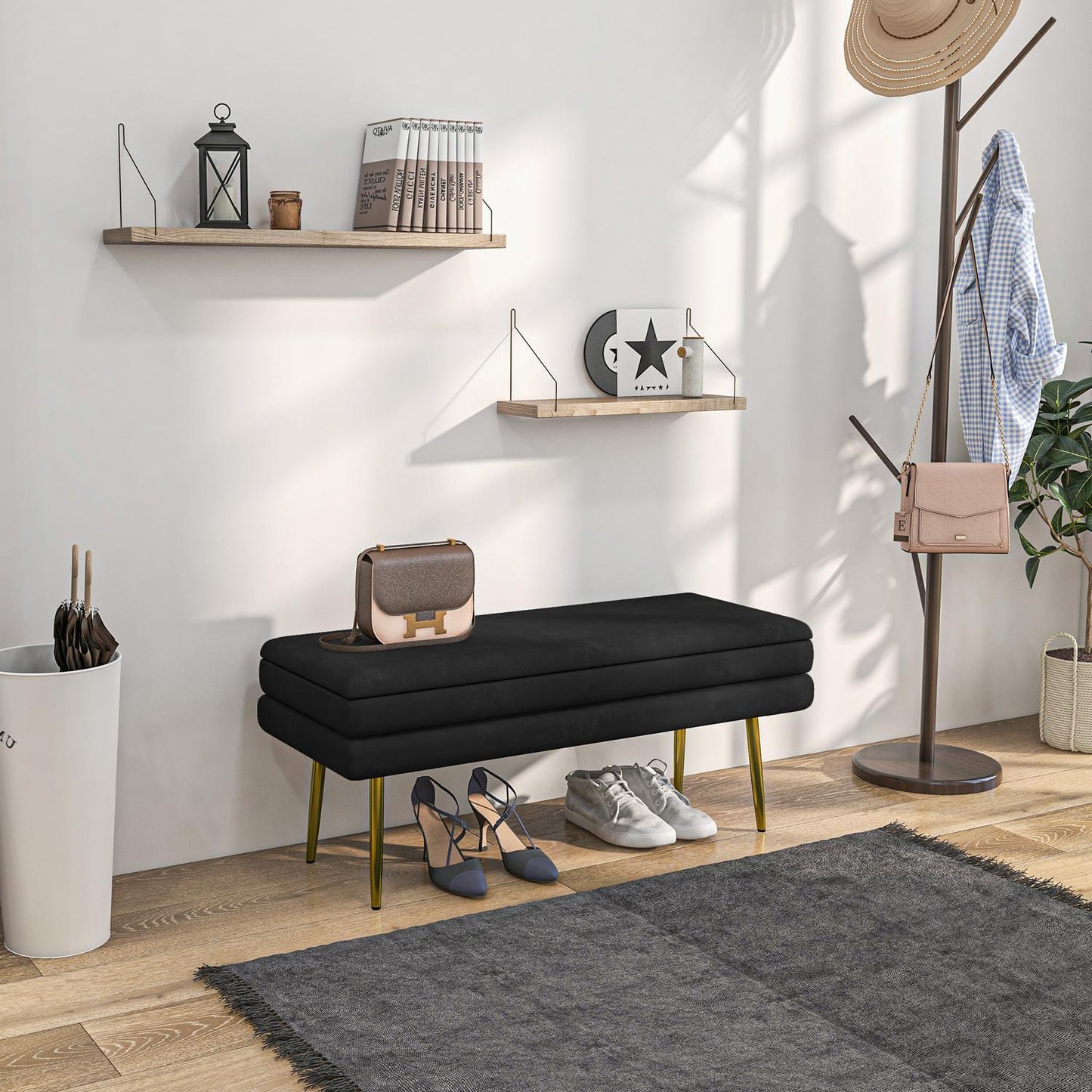 Black Upholstered Storage Bench, Steel, 100x37.5x42 cm