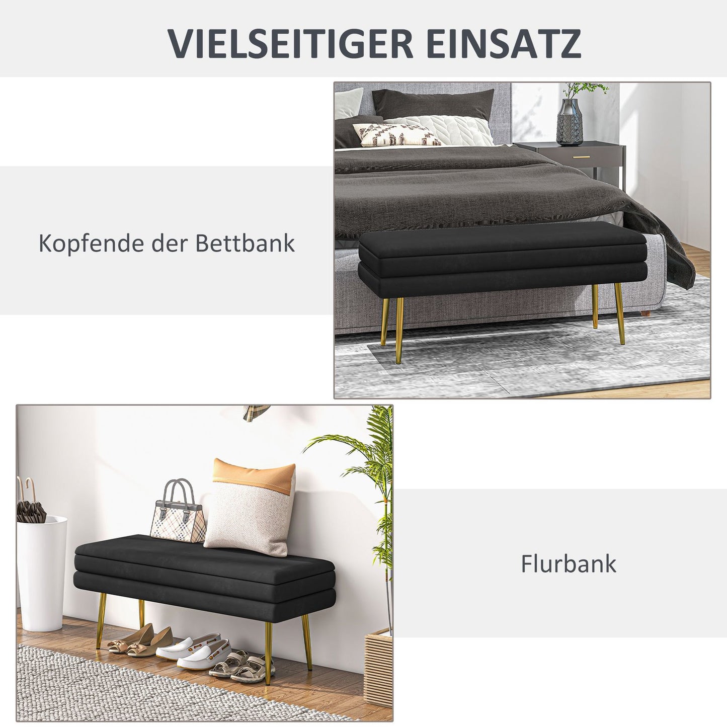 Black Upholstered Storage Bench, Steel, 100x37.5x42 cm