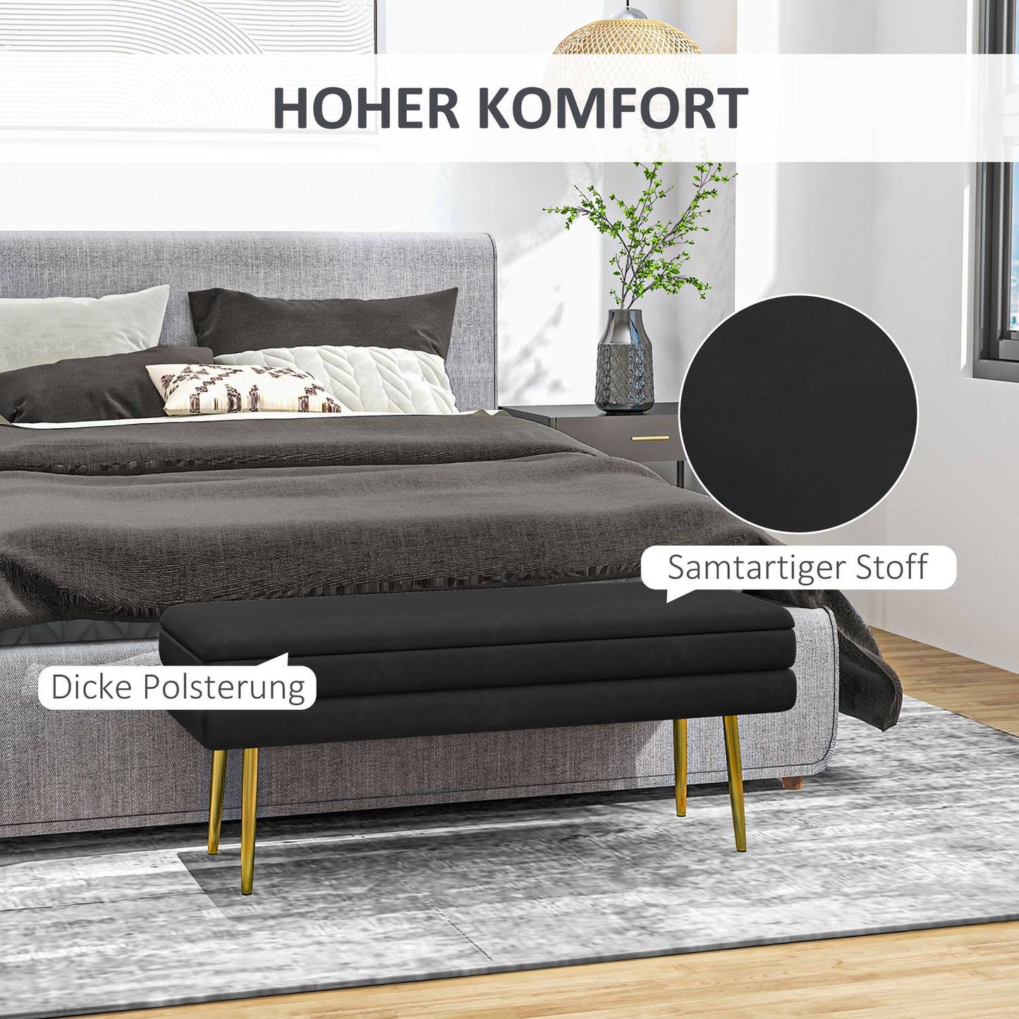 Black Upholstered Storage Bench, Steel, 100x37.5x42 cm