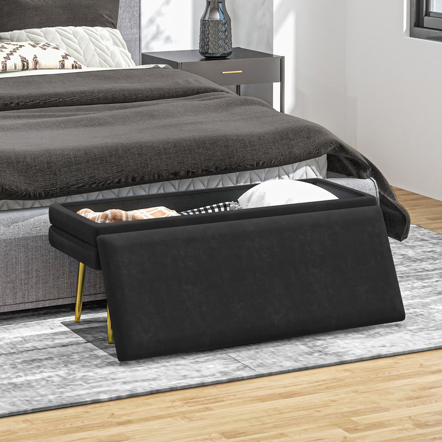 Black Upholstered Storage Bench, Steel, 100x37.5x42 cm